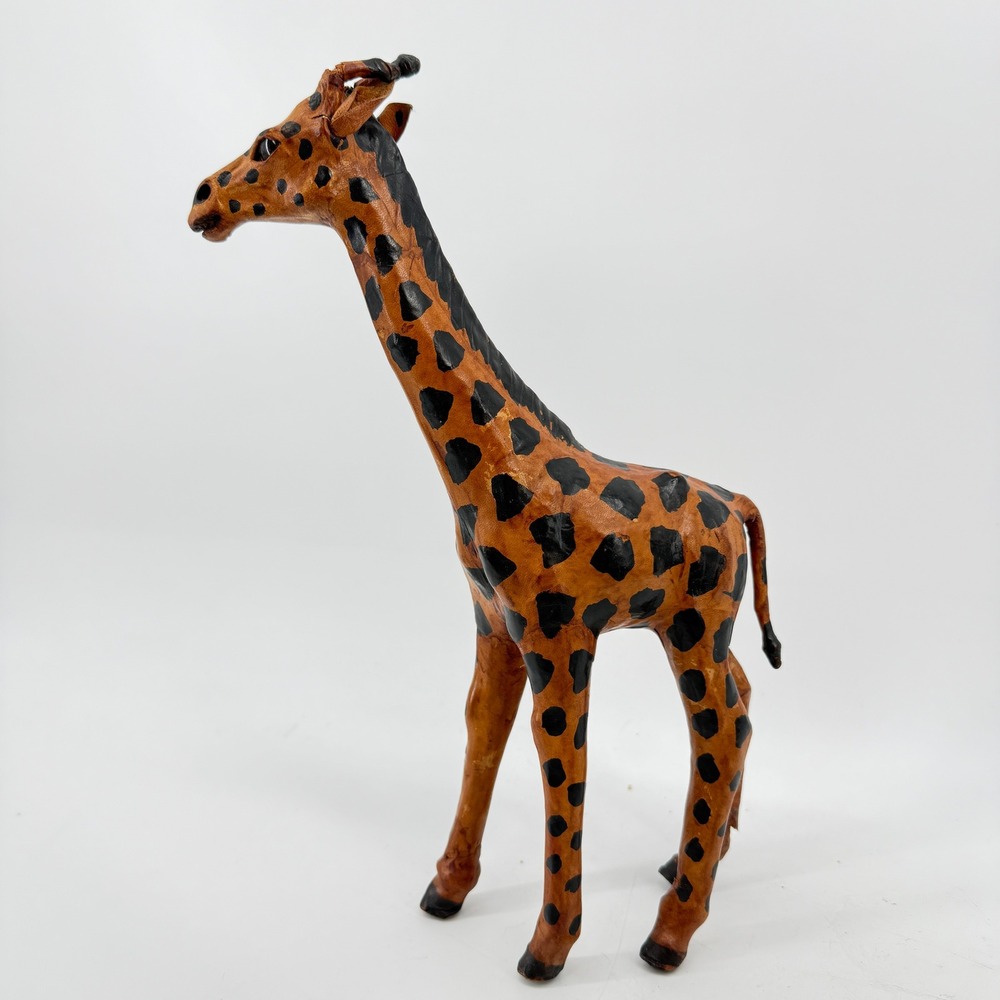 Leather Giraffe Figurine Unisex Medium Tan Black Vintage Safari Decor
